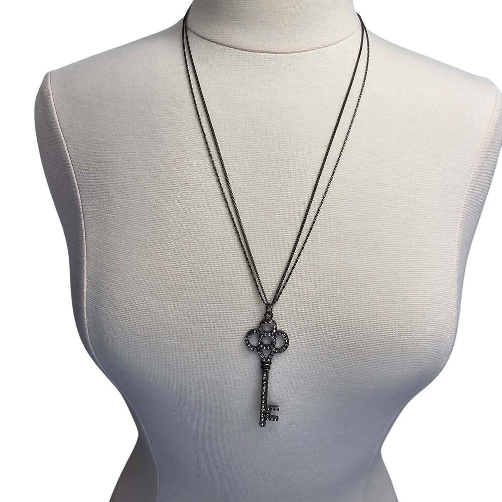 Key Necklace Pendant Double Gunmetal Chain Rhinestones Long Realtor Jewelry